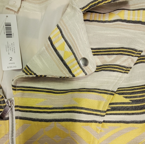 Chicos Size 2 (large 12) Aztec Jacquard Moto Jacket Yellow & Beige New $139. - Picture 7 of 11